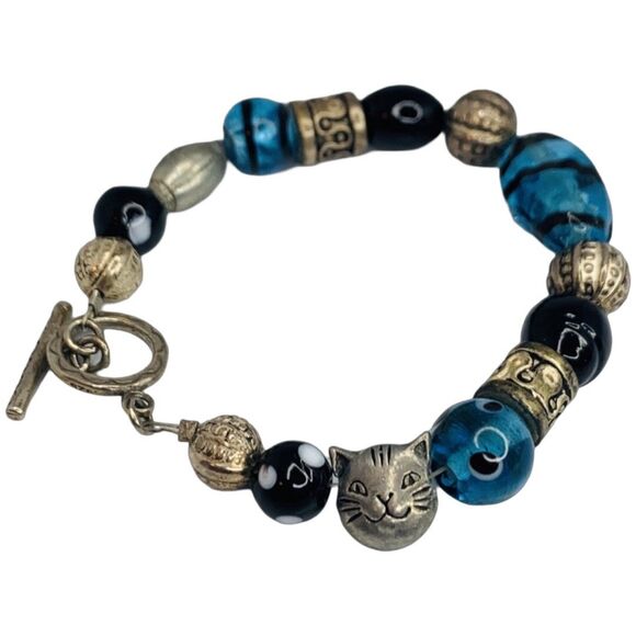 Vintage Blue Glass 925 Sterling Silver Bracelet 8" Toggle Clasp Signed - Picture 8 of 11